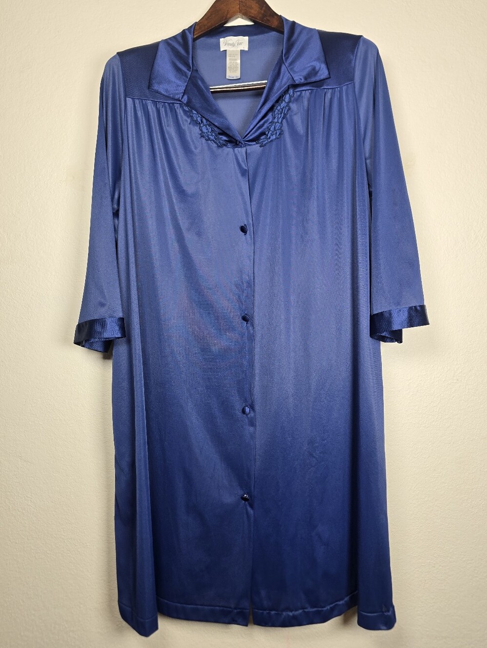 Vintage Vanity Fair Royal Blue Nylon Button Front Robe Housecoat Size Large L